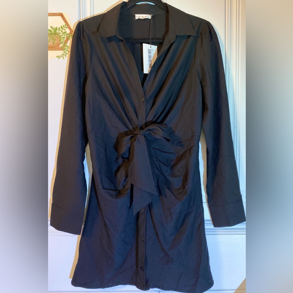 THML - Elegant Black Button-Up Dress with Waist Bow Detail
